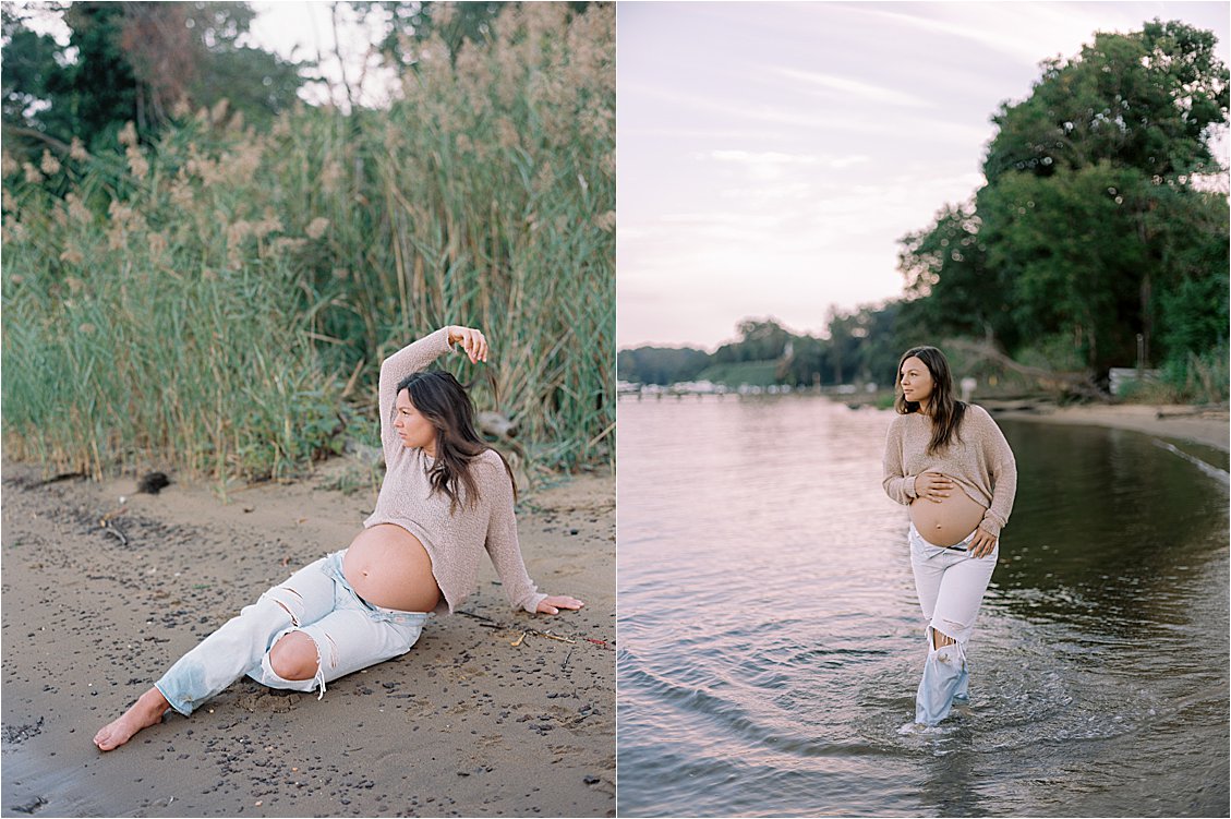 Cozy maternity session by the bayside at sunrise with Annapolis Film Photographer Renee Hollingshead