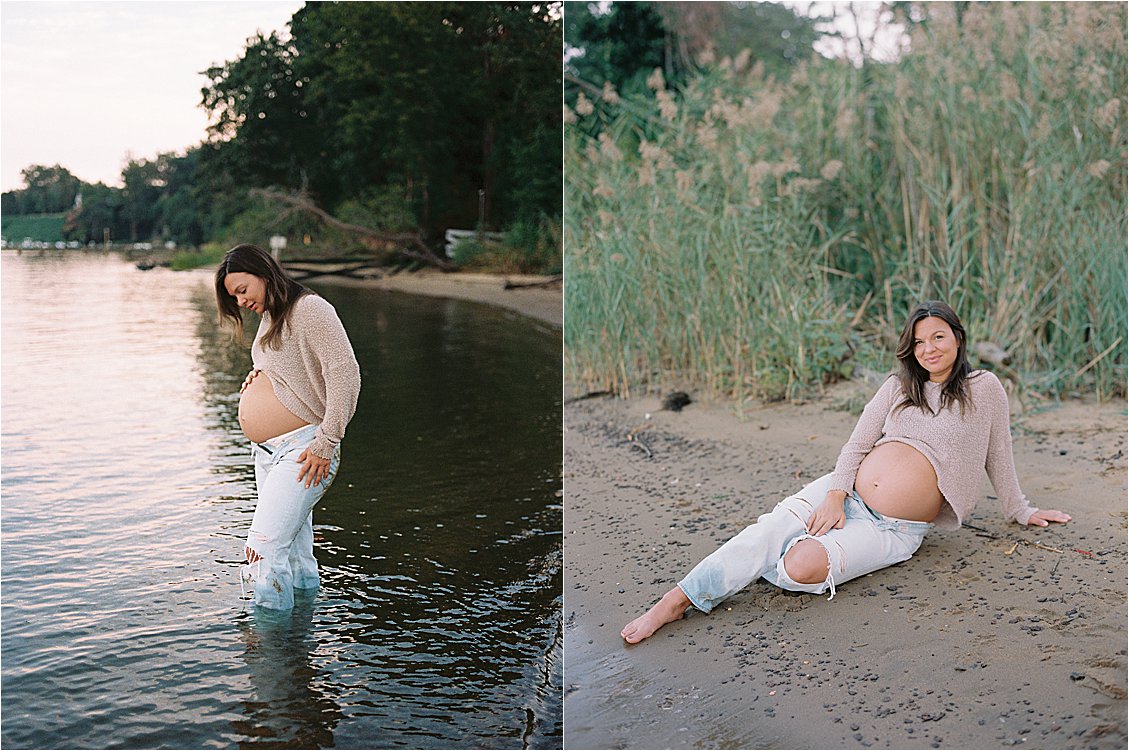 Cozy maternity session by the bayside at sunrise with Annapolis Film Photographer Renee Hollingshead