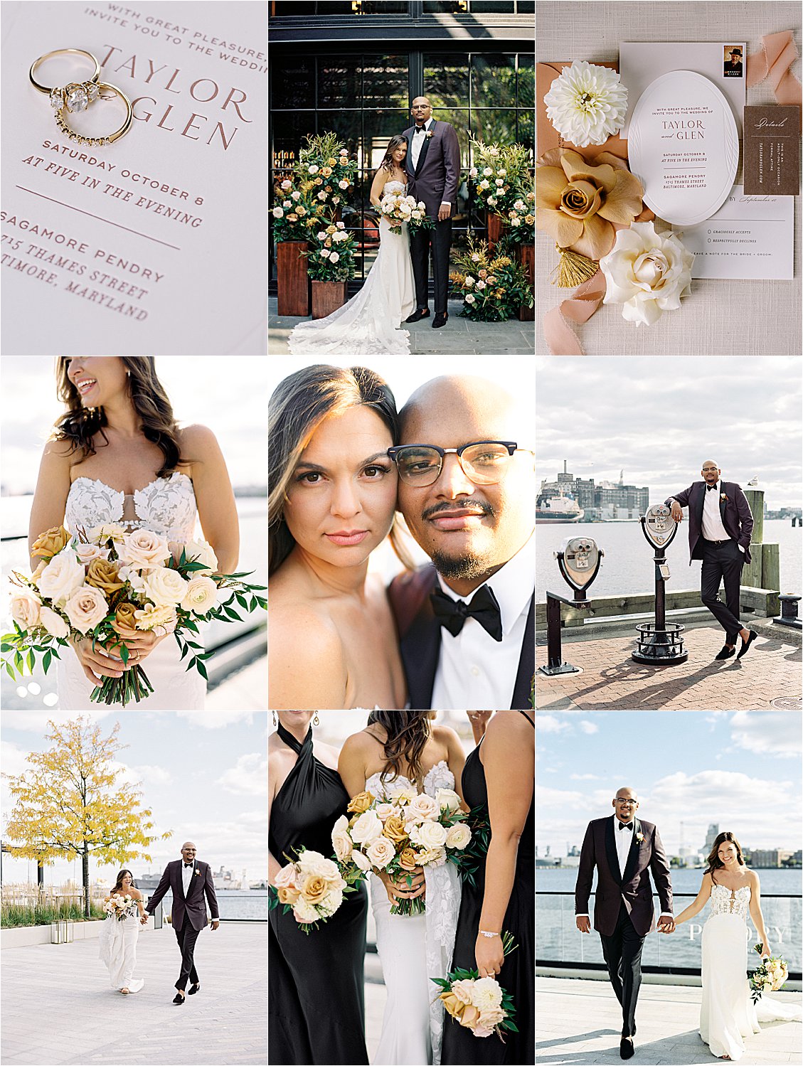Collage of Fall Wedding at the Sagamore Pendry Baltimore with film wedding photographer, Renee Hollingshead and Pop the Cork Designs.