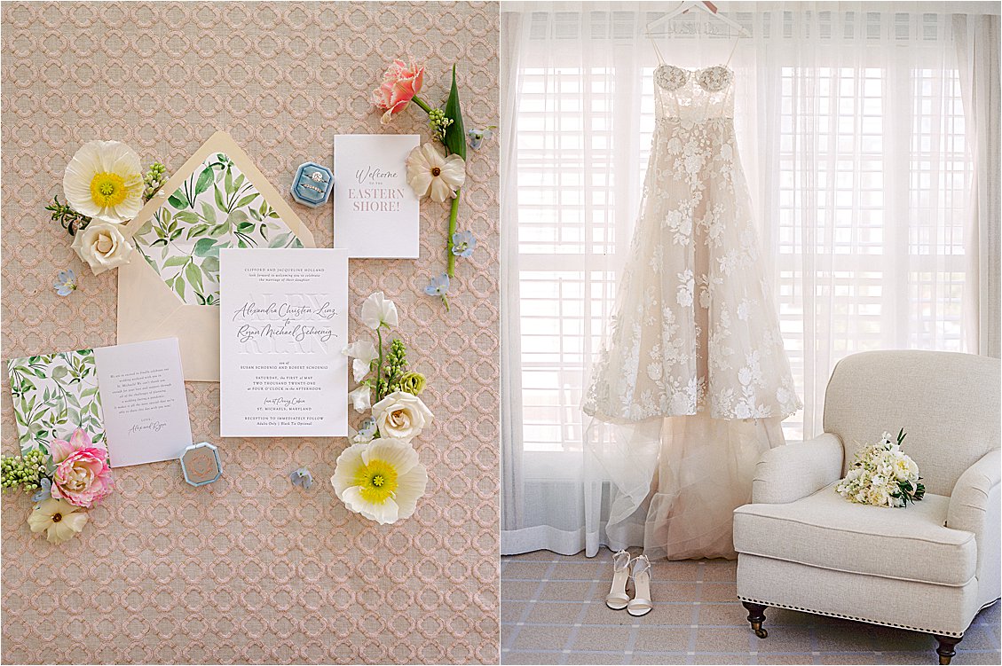 Spring wedding invitation with blush and sage green accents. Lace Mira Zwillinger dress with film wedding photographer Renee Hollingshead.