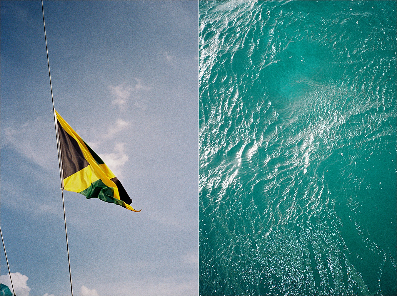 Jamaican flag and clear turquoise waters in Negril, Jamaica