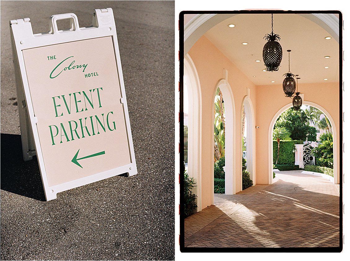 Diptych of The Colony Hotel event parking sign with green script lettering and the hotel's arched colonnade entrance with pineapple pendant lanterns, Palm Beach corporate event photography 