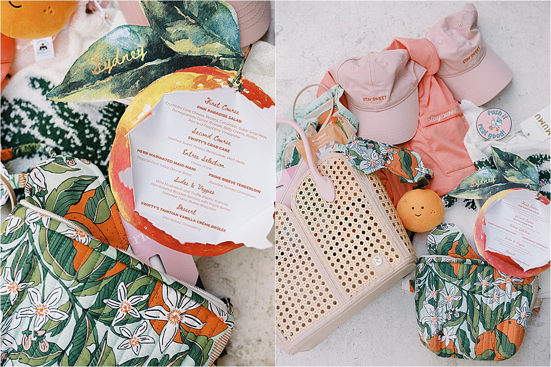 Diptych showing a personalized citrus-shaped peelable dinner menu card alongside the curated welcome bag contents including branded pajamas and tote, styled by Gramercy & Grace for Zoe Strollers at The Colony Hotel Palm Beach 