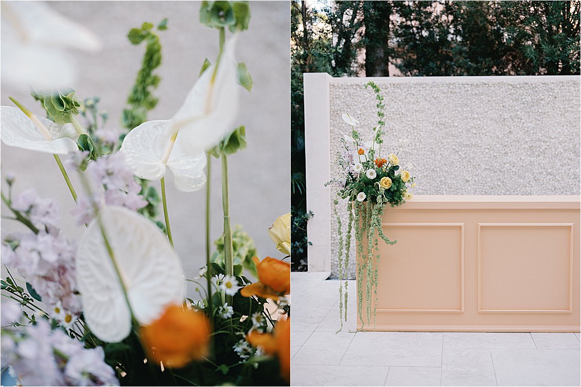 Diptych: close-up of white anthurium, orange ranunculus, and lavender florals alongside the full peach bar with cascading floral arrangement at The Colony Hotel Palm Beach East Garden, event photography by Renee Hollingshead 