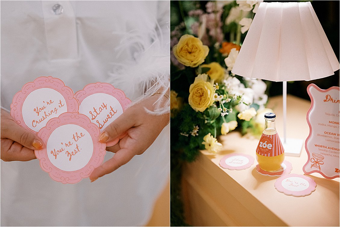 Diptych: hand holding custom pink scalloped coasters with encouraging messages ("You're Crushing It," "Stay Sweet," "You're the Zest") and a glowing white table lamp beside a Zoe-branded drink bottle and coasters at The Colony Hotel Palm Beach dinner