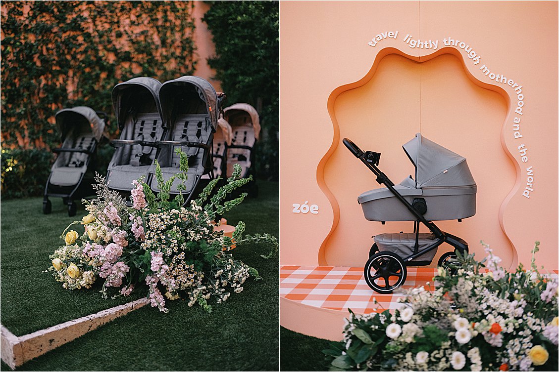 Diptych showing multiple Zoe strollers displayed on the lawn in The Colony Hotel East Garden alongside the custom peach wavy arch Zoe brand backdrop at the corporate retreat, event photography by Renee Hollingshead 