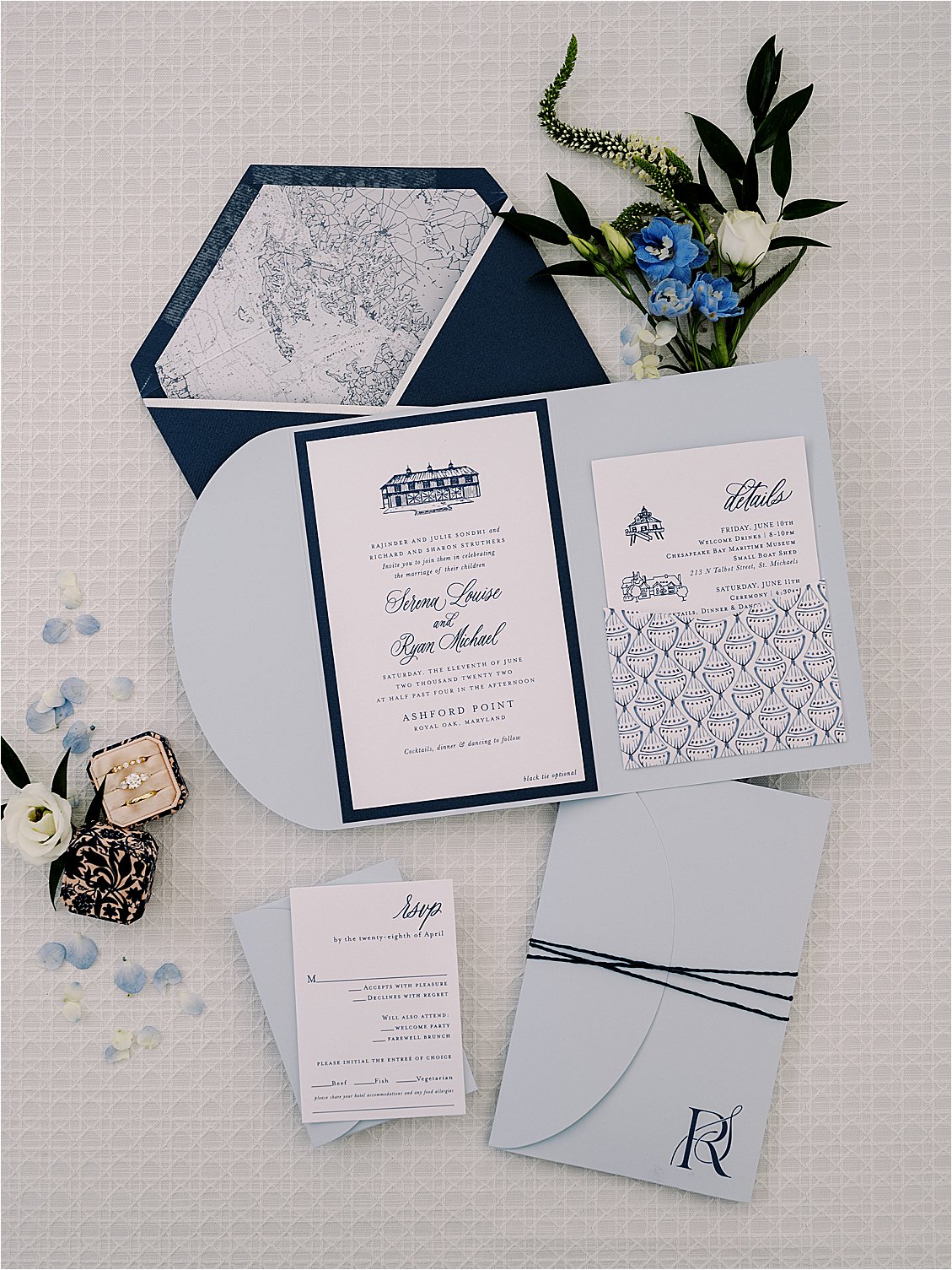 Blue and white wedding invitation suite with floral details for Eastern Shore waterfront wedding in Oxford Maryland
