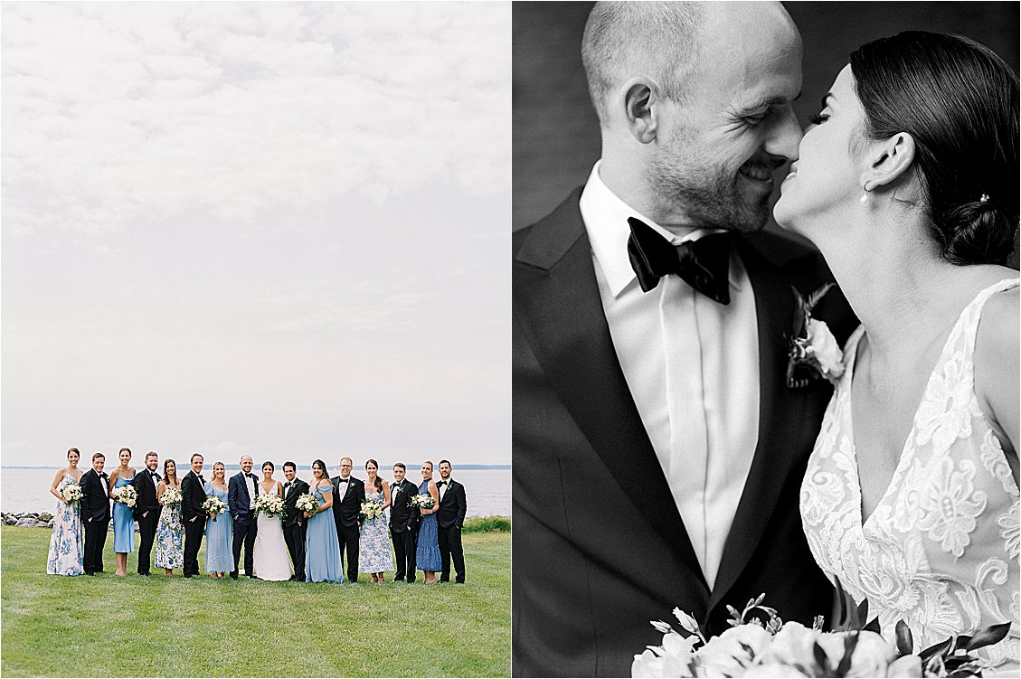 Wedding party portrait overlooking Chesapeake Bay at Eastern Shore waterfront wedding in Oxford Maryland. Black and white close up portrait of bride and groom at elegant Oxford Maryland waterfront wedding