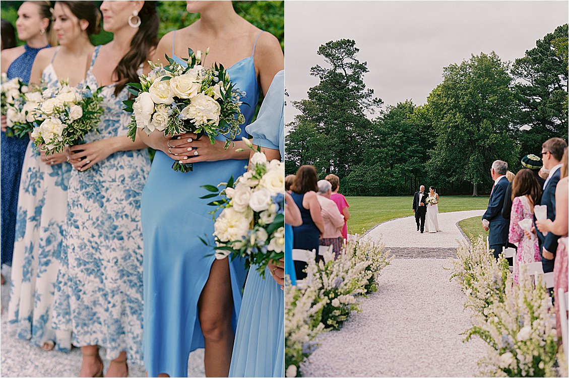Bridesmaids holding white bouquets and bride walking down aisle at Eastern Shore waterfront wedding in Oxford Maryland