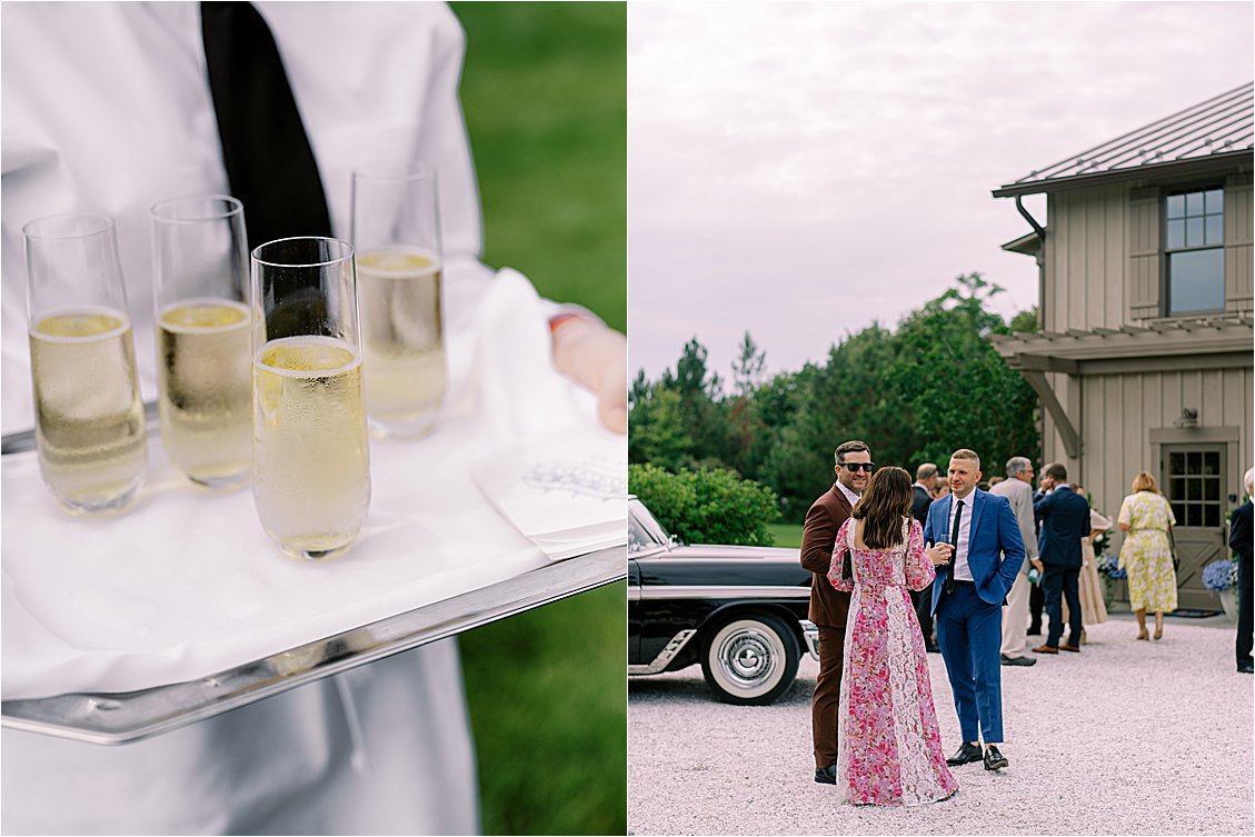 Champagne service and guests mingling during cocktail hour at Eastern Shore waterfront estate wedding