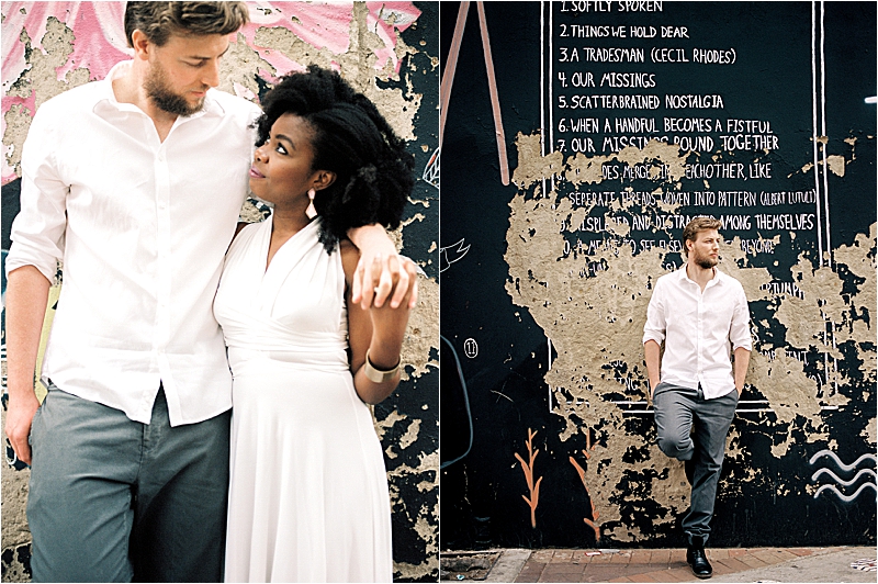 Diptych from Aisha and Kev's anniversary session at Maboneng Precinct in Johannesburg, South Africa on film — couple embracing in front of a street art wall and a solo portrait of Kev leaning against the mural, photographed by destination film photographer Renee Hollingshead