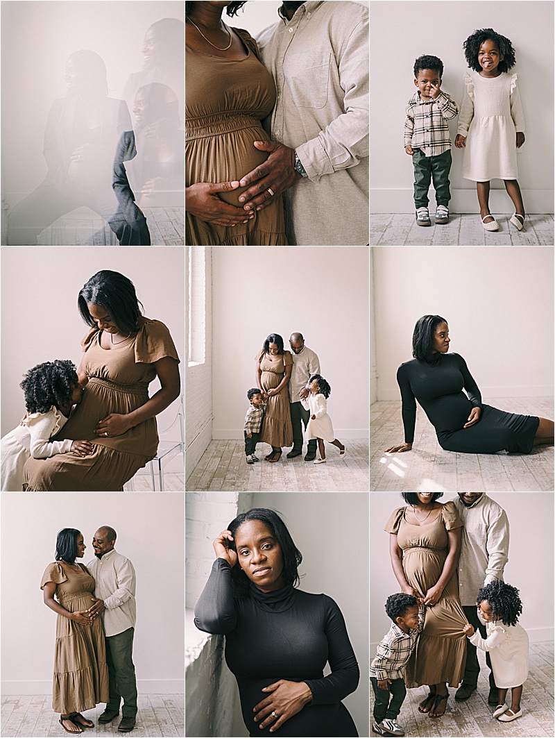 Collage of film maternity and family portraits from a studio session in Annapolis, Maryland — expecting mother, father, and two children photographed by Renee Hollingshead Photography