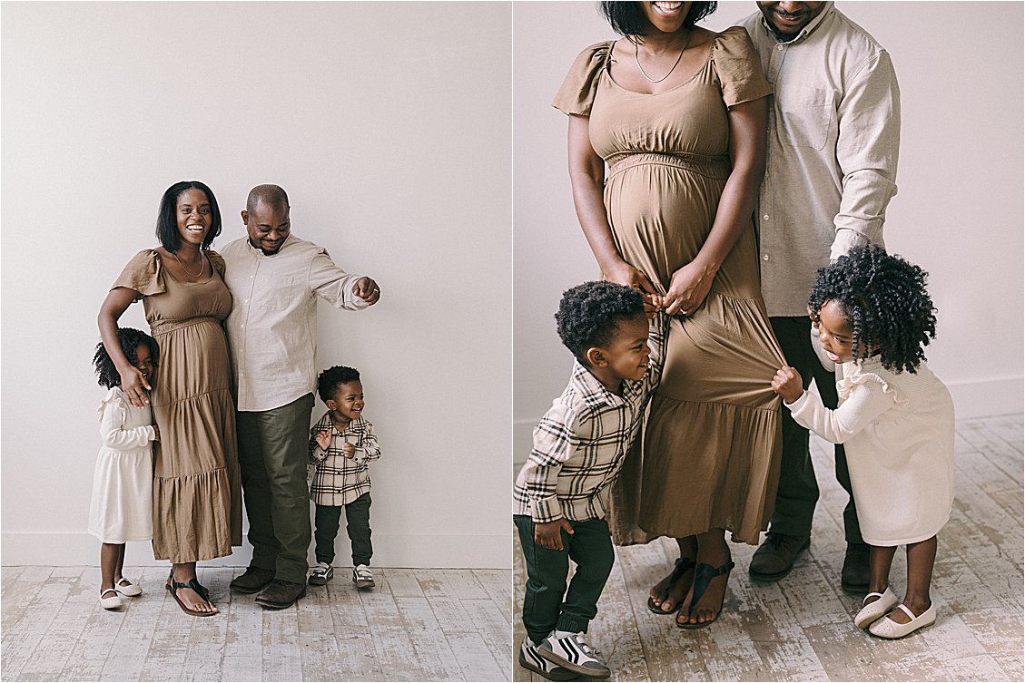 Diptych of candid family moments during studio maternity session in Annapolis Maryland — laughing family portrait and children playfully tugging at expecting mother's dress, Renee Hollingshead Photography