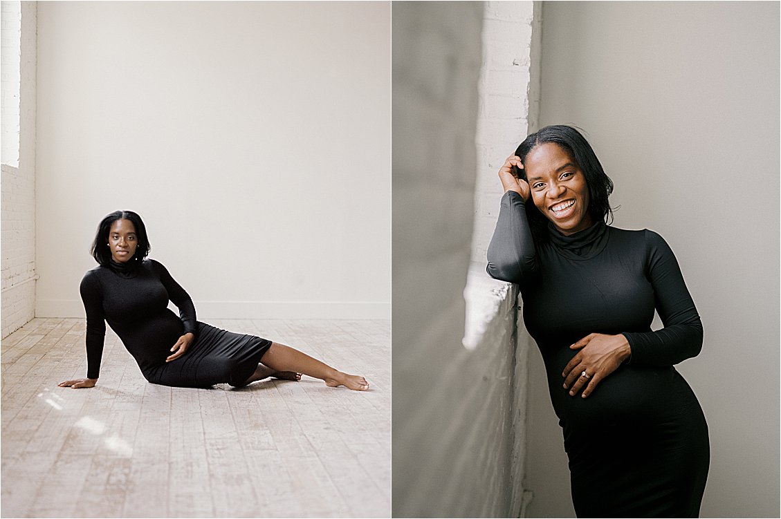 Diptych of expecting mother solo portraits in black dress — seated on studio floor and laughing against white brick wall, editorial film maternity session Annapolis Maryland by Renee Hollingshead Photography