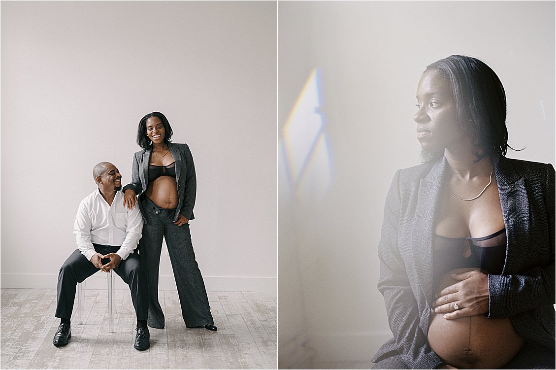 Diptych of expecting couple laughing together in studio and dreamy film double exposure of mother in blazer cradling baby bump, film maternity session Annapolis Maryland by Renee Hollingshead Photography