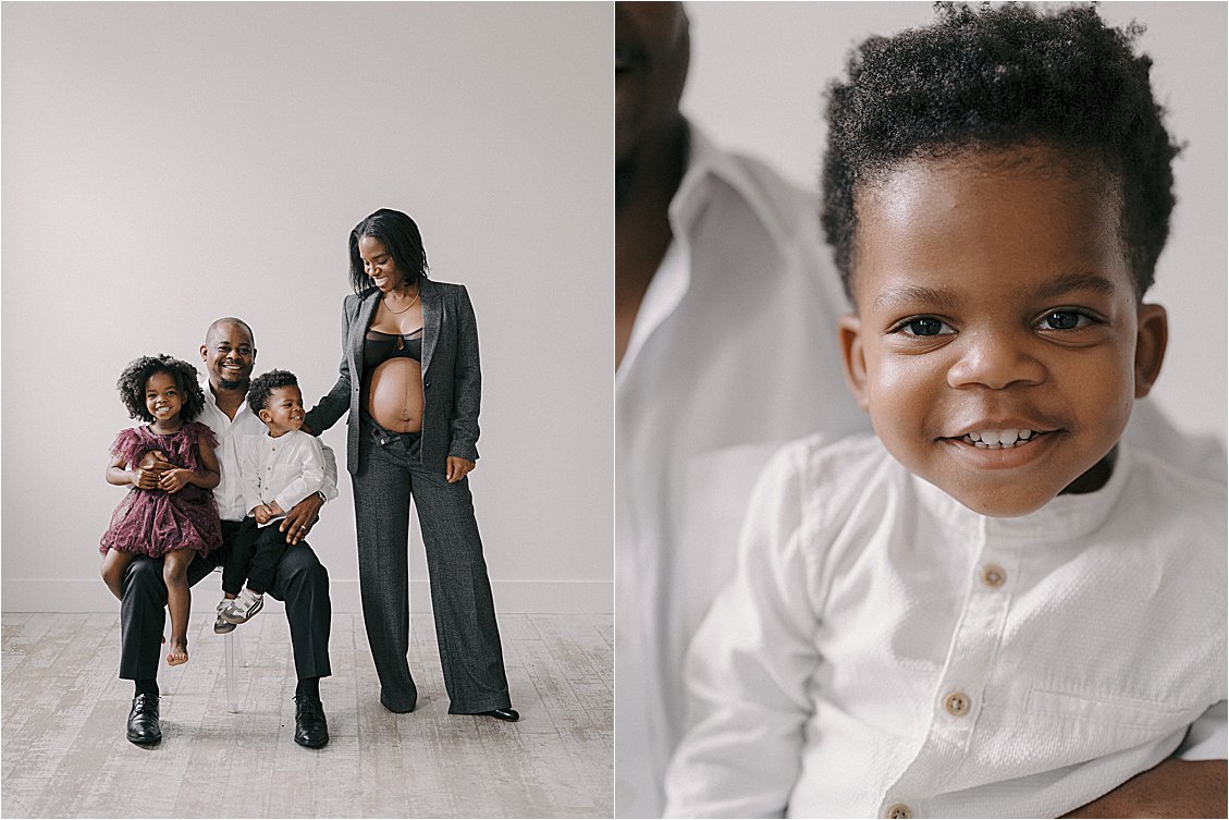 Diptych of warm family studio portrait with expecting mother in blazer and close up of smiling toddler boy, film maternity session Annapolis Maryland by Renee Hollingshead Photography