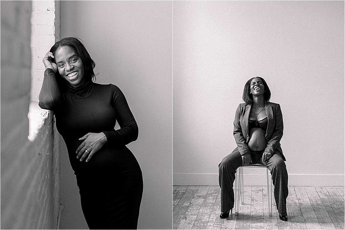 Black and white diptych of expecting mother solo portraits — smiling against white brick wall in black turtleneck dress and laughing while seated on acrylic stool in blazer, film maternity session Annapolis Maryland by Renee Hollingshead Photography