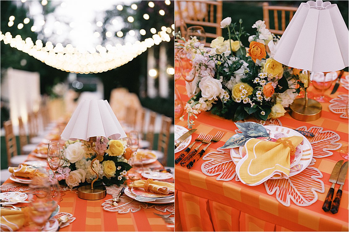 Diptych: full dinner table view under café string lights in The Colony Hotel East Garden and close-up of citrus-themed place setting with personalized menu and golden yellow napkin, Gramercy & Grace corporate event Palm Beach 