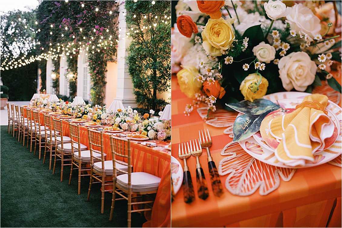 Diptych: side view of the full dinner table against The Colony Hotel colonnade at night and a close-up of the personalized citrus place setting with golden napkin and custom menu, Gramercy & Grace Palm Beach event design 