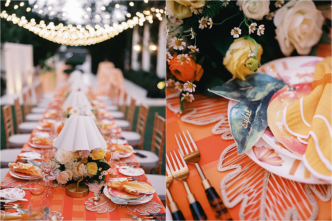 Diptych showing the full candlelit East Garden dinner table under string lights and a close-up of the personalized citrus peelable menu on an elegant place setting at The Colony Hotel Palm Beach corporate event 