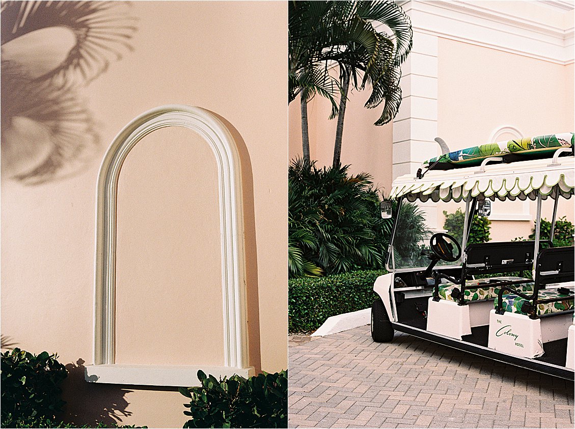 The Colony Hotel Palm Beach arched plaster wall niche detail alongside the hotel's branded tropical print golf cart with surfboards, photographed on film