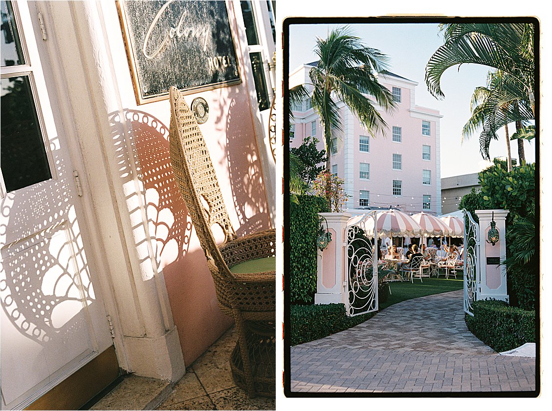 Diptych film photograph of wicker peacock chair shadow on the Colony Hotel pink wall alongside the East Garden iron gate at dusk with the blush pink tower visible through palm trees