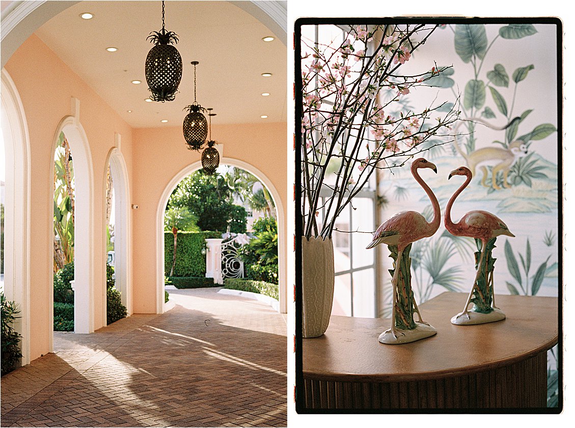 The Colony Hotel Palm Beach arched colonnade with pineapple lanterns and a film photograph of ceramic flamingo figurines against tropical mural wallpaper