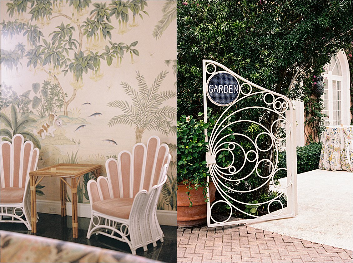 The Colony Hotel Palm Beach interior with pink shell-back wicker chairs against hand-painted tropical mural wallpaper alongside the ornate white iron Garden gate sign, photographed on film
