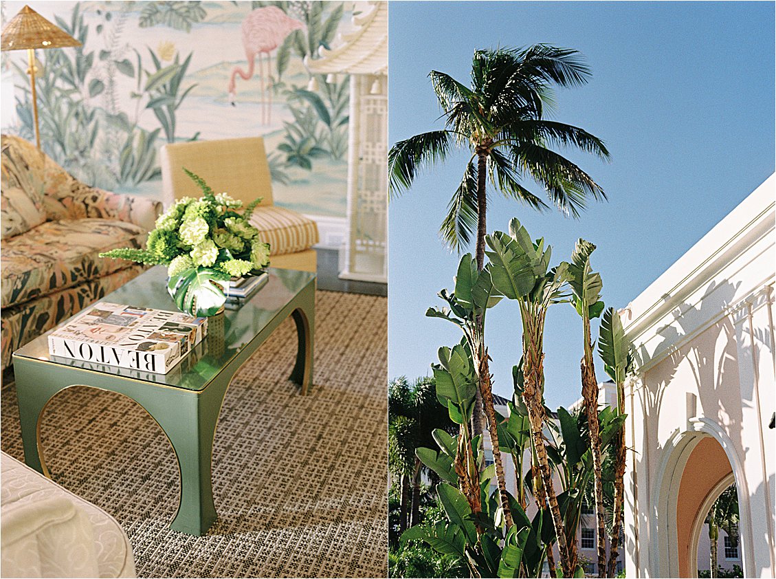 The Colony Hotel Palm Beach tropical wallpaper living room interior with Beaton coffee table book alongside a film photograph of palm trees framed by white arched architecture