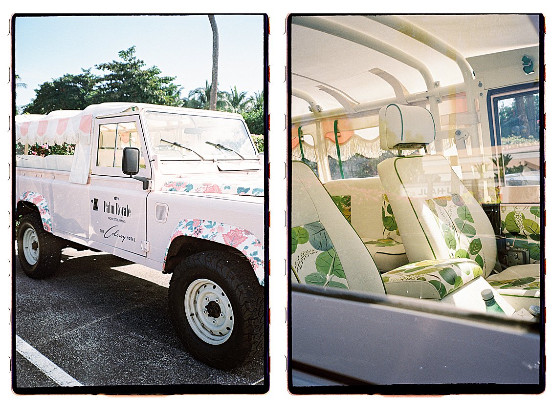 Diptych film photograph of The Colony Hotel Palm Beach floral-wrapped Palm Royale Land Rover alongside its tropical green leaf print interior seating, photographed on film