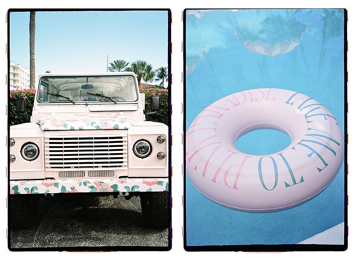 Diptych film photograph of the floral Palm Royale Land Rover front end alongside a close up of the iconic pink Take Me to Pink pool float at The Colony Hotel Palm Beach