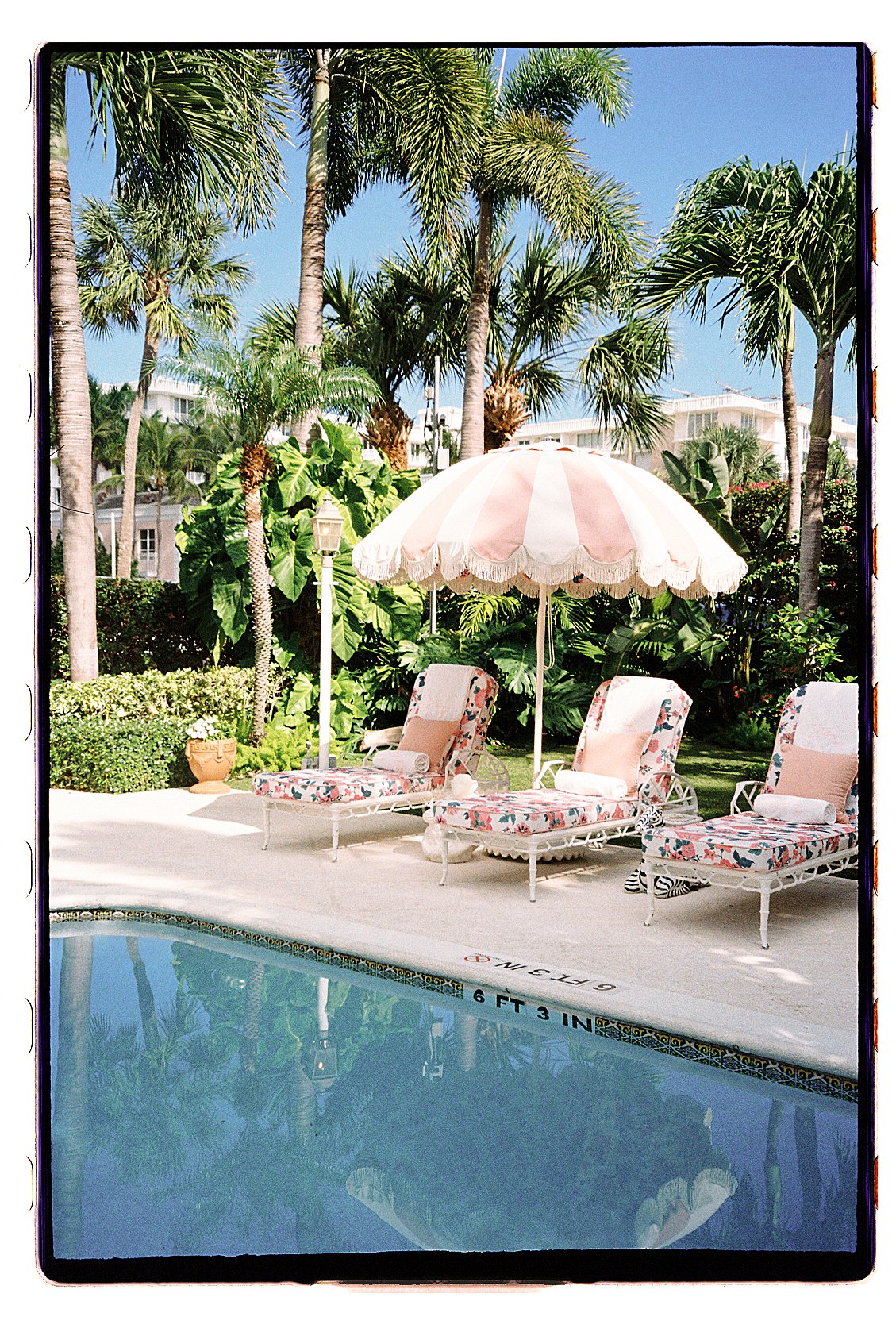 The Colony Hotel Palm Beach pool with a pink fringed striped umbrella, white iron floral chaise lounges, and tall palm trees reflecting in the crystal blue water, photographed on film All 23 images are now fully documented. You're ready to upload! Sonnet 4.6