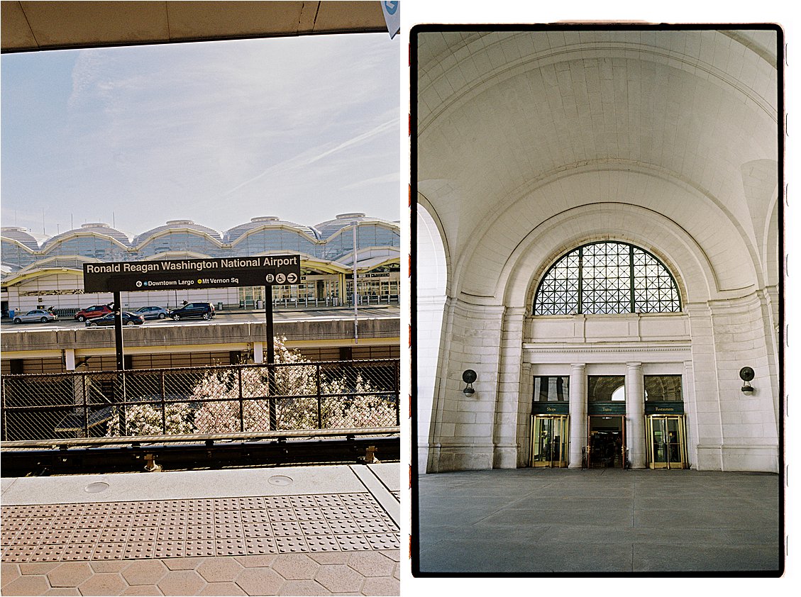 Film photographer Renee Hollingshead arriving in Washington DC — Reagan National Airport metro platform and the grand arched entrance of Union Station, captured on film.