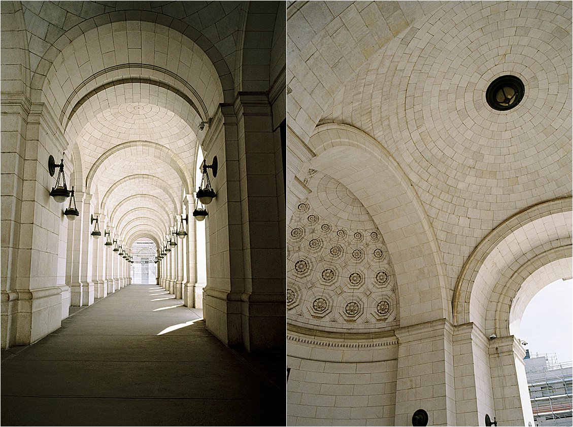Diptych of Union Station in Washington DC shot on film — the vaulted stone colonnade with hanging lanterns stretching into the distance, and an ornate carved dome ceiling detail overhead.