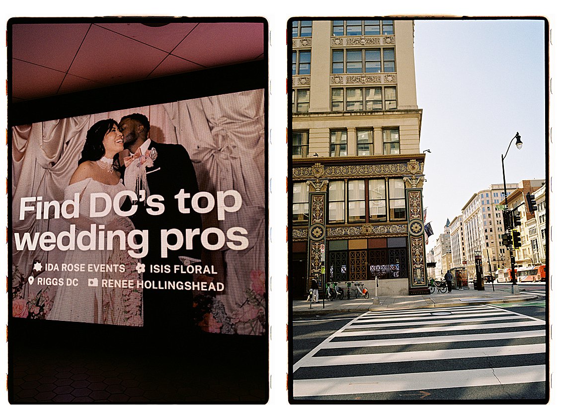 Diptych showing The Knot Washington DC billboard featuring Renee Hollingshead Photography alongside Ida Rose Events, Isis Floral, and Riggs DC — photographed in Penn Quarter, Washington DC.