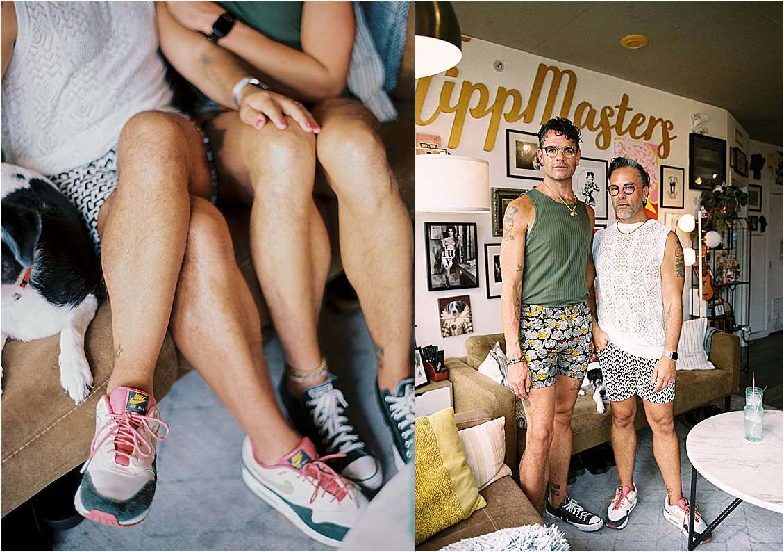 Diptych film photos — detail of couple with dog and Nike sneakers left, two men standing beneath a colorful gallery wall right, Washington DC film portrait photographer
