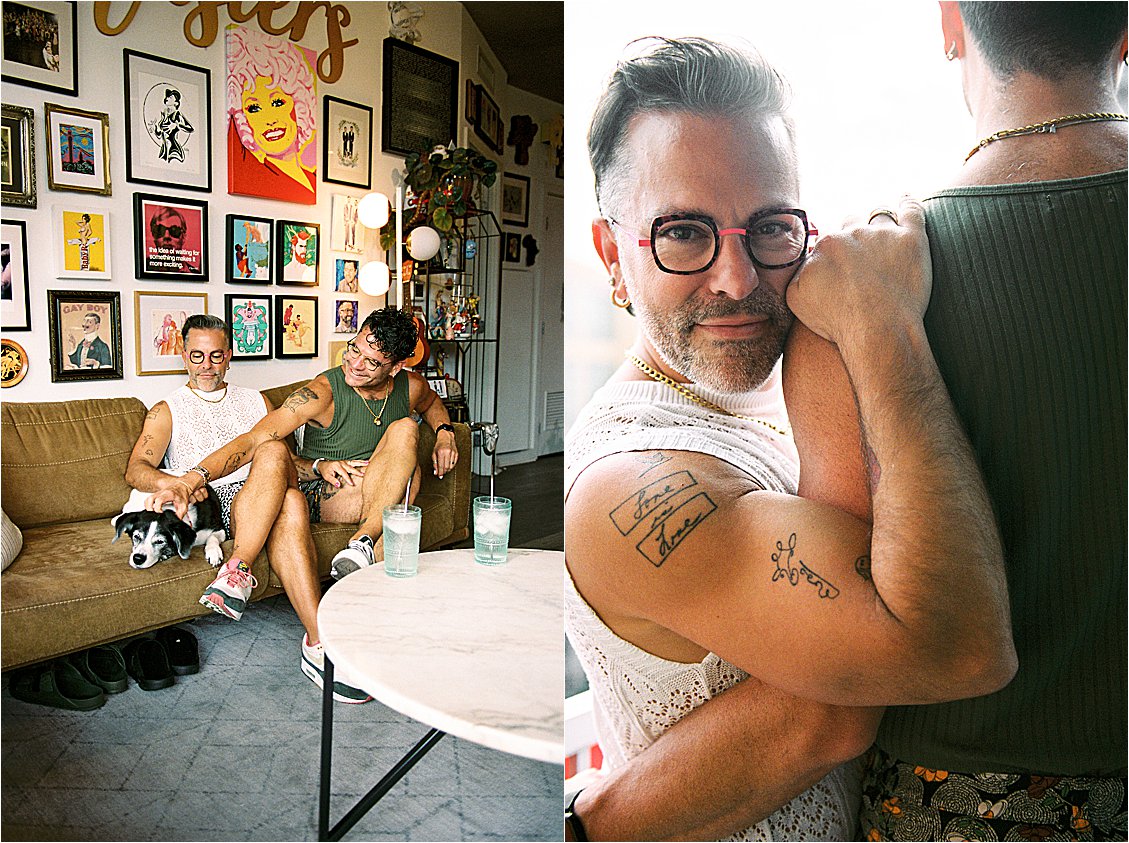 Diptych — two men on couch with dog and colorful gallery wall left, intimate close-up portrait with soft window light right, Washington DC anniversary film session Kodak Portra 400