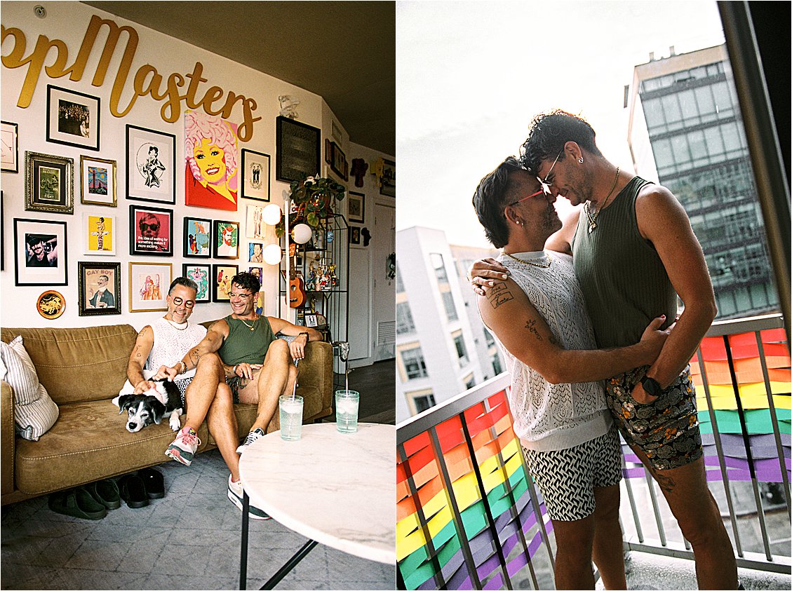 Diptych — couple with dog in Washington DC apartment under colorful gallery wall, intimate portrait on rainbow flag balcony with DC cityscape right, Washington DC film photography Renee Hollingshead
