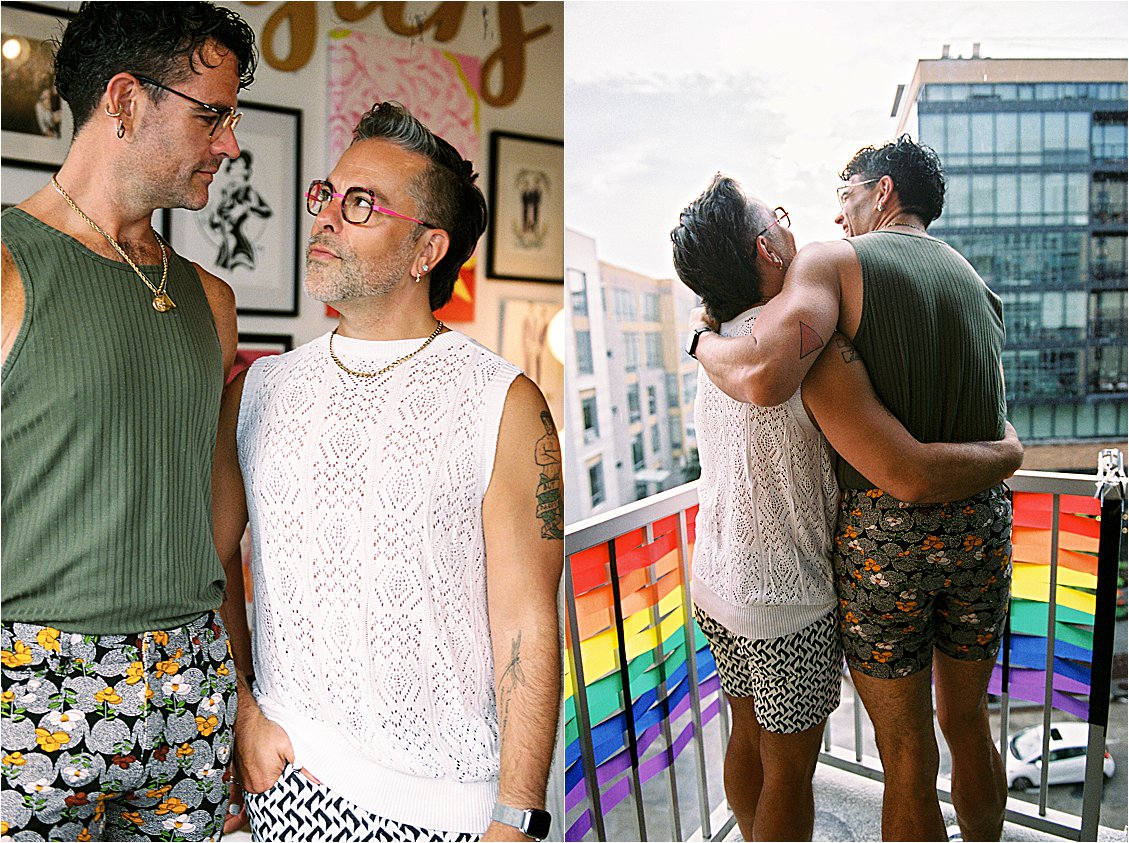 Diptych — LGBTQ+ couple facing each other in Washington DC apartment interior left, back portrait embracing on rainbow flag balcony with DC cityscape right, anniversary film photography 
