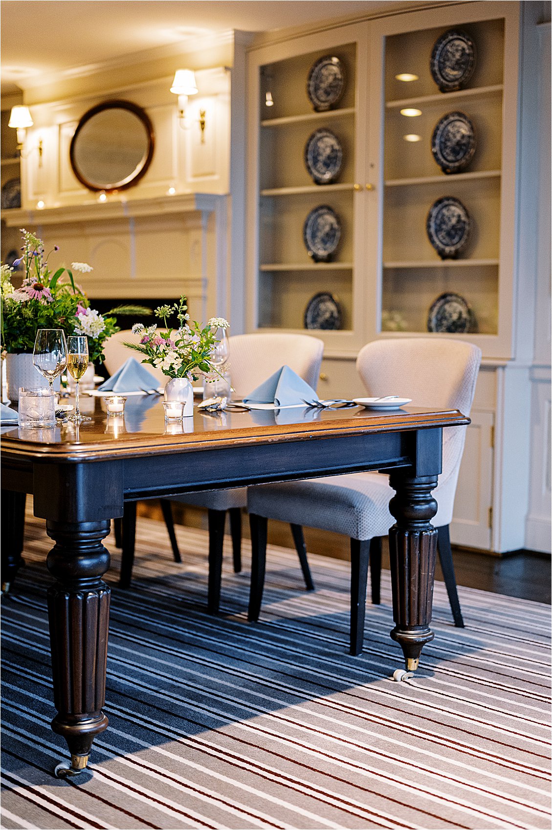 Intimate wedding dinner table setting in the private dining room at Inn at Perry Cabin, St. Michaels Maryland, photographed by Renee Hollingshead
