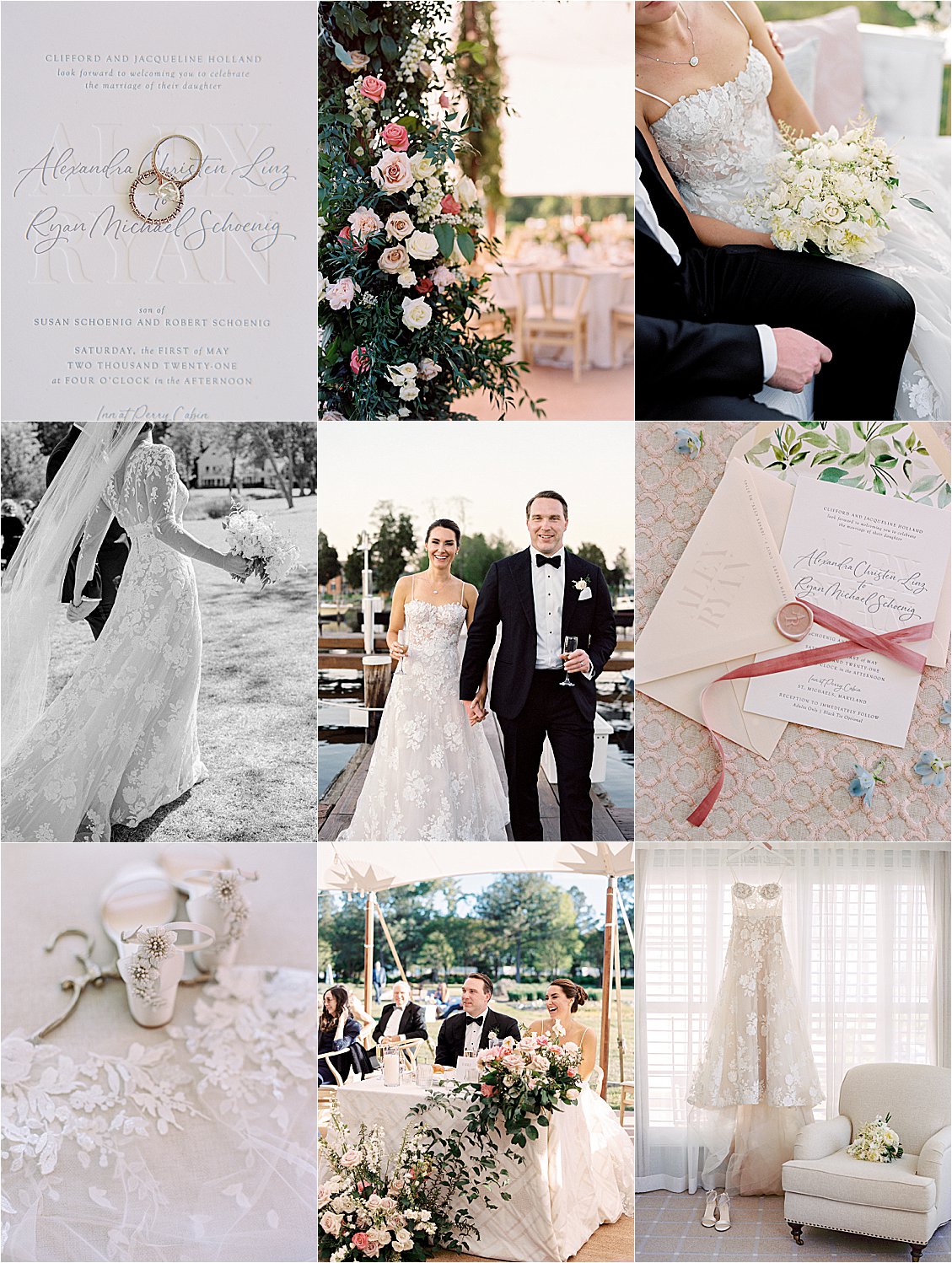 Film wedding photography collage from Alexandra and Ryan's spring wedding at Inn at Perry Cabin, St. Michaels Maryland by Renee Hollingshead Photography