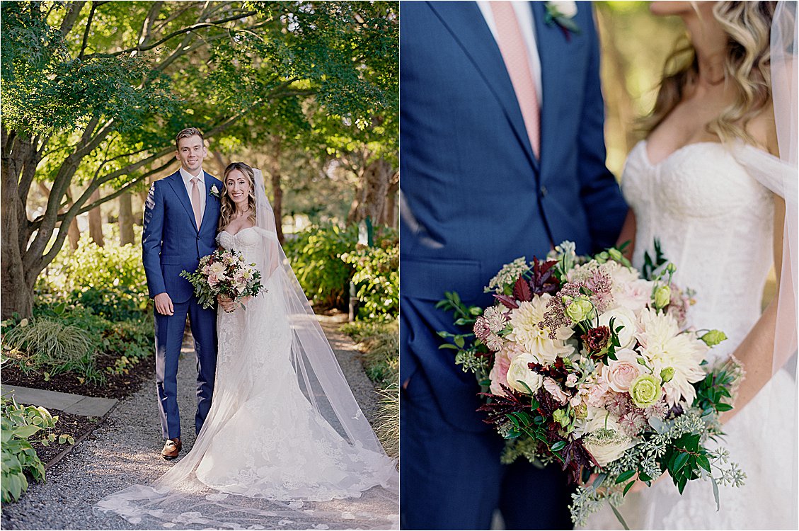 Bride and groom portraits in the garden at Inn at Perry Cabin, St. Michaels Maryland, photographed on film by Renee Hollingshead Photography