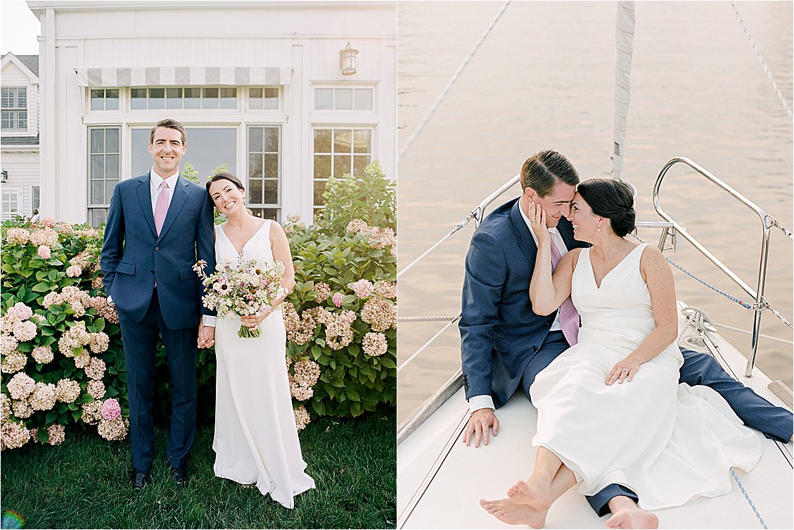 Bride and groom portraits in front of hydrangeas and on sailboat on the Miles River at Inn at Perry Cabin, captured on film by Renee Hollingshead Photography