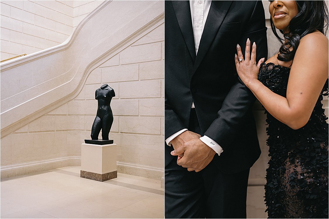 Black bronze torso statue on a marble pedestal beside a candid close-up of an engaged couple laughing together in black tie formalwear. Photo by destination film wedding photographer Renee Hollingshead.
